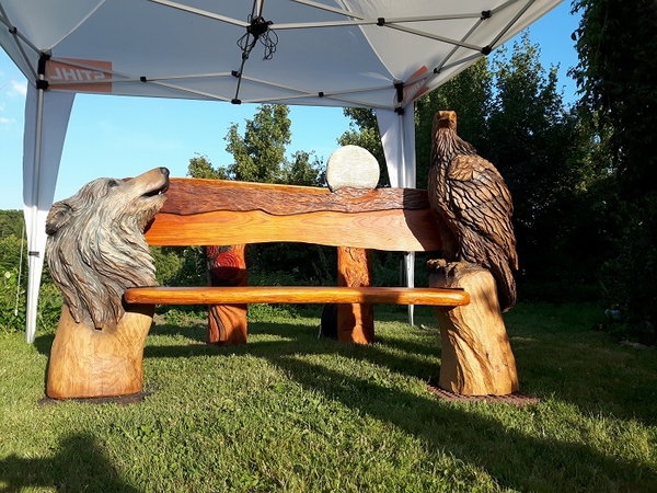 Bank mit Adler und Wolf,, Eiche, 220 cm